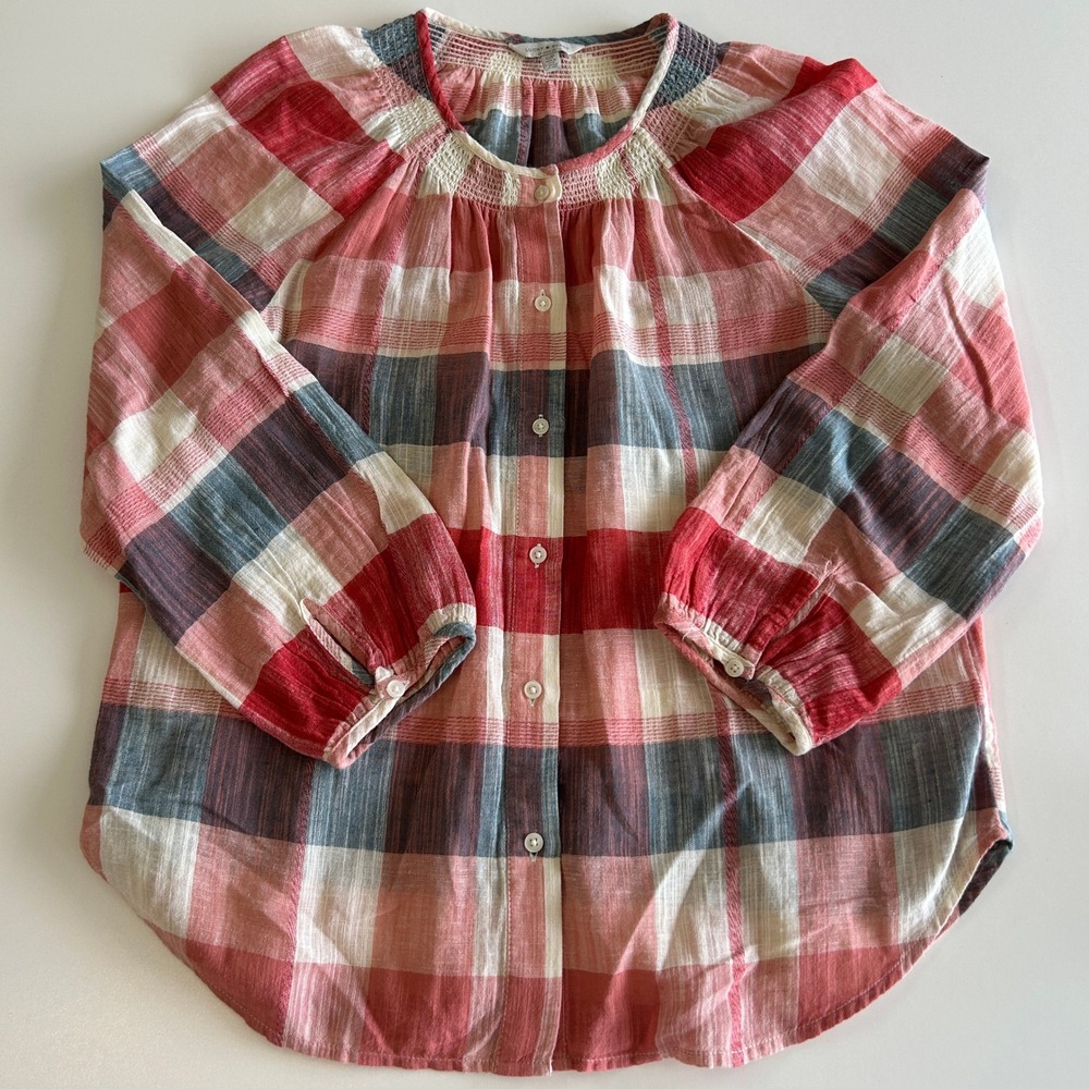 Lucky Brand Women Red Blue Plaid Smocked Peasant Blouse Small Button Front Top